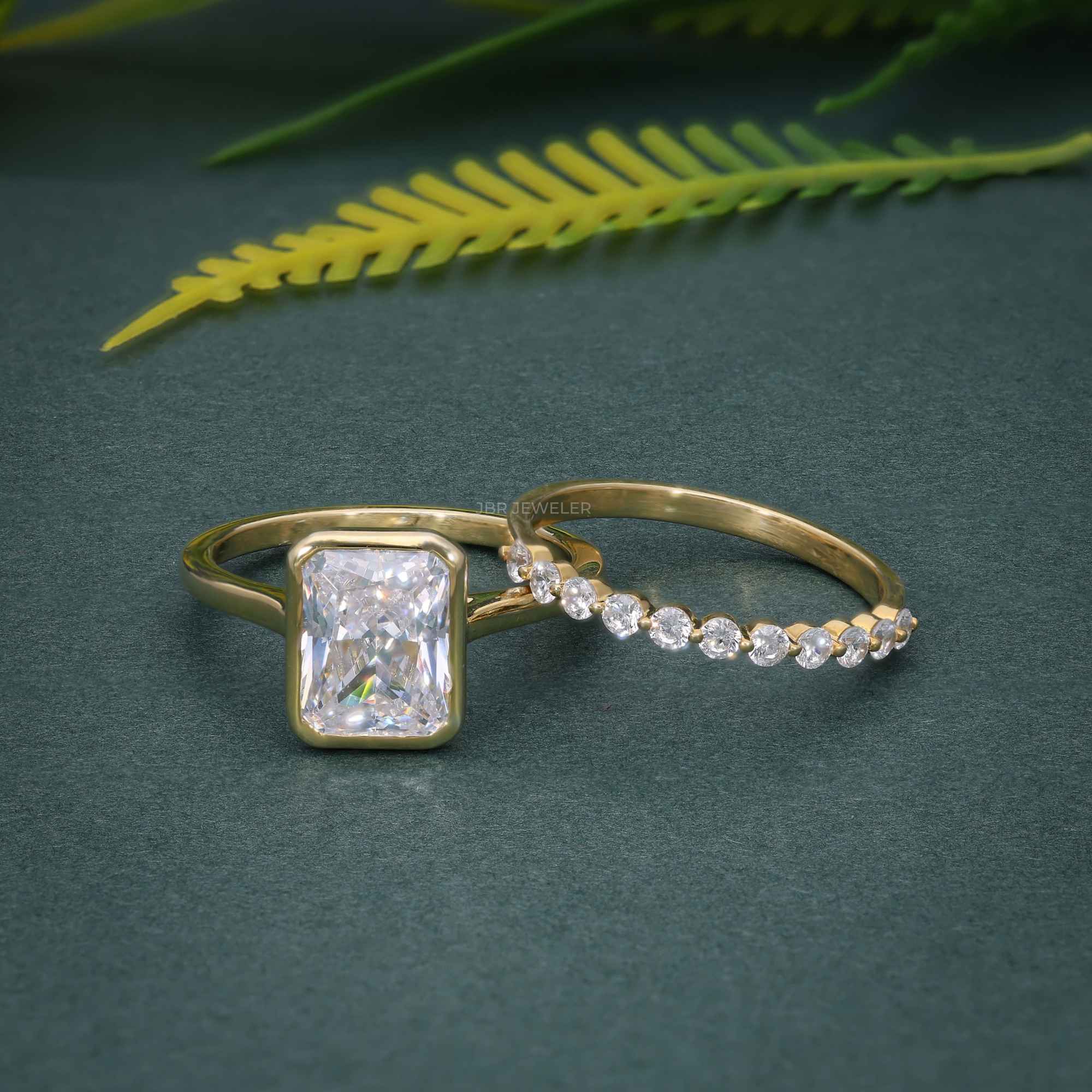 Bezel Radiant Cut Lab Grown Diamond Wedding Bridal Ring Sets With Matching Band