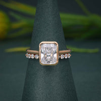 Bezel Radiant Cut Lab Grown Diamond Wedding Bridal Ring Sets With Matching Band