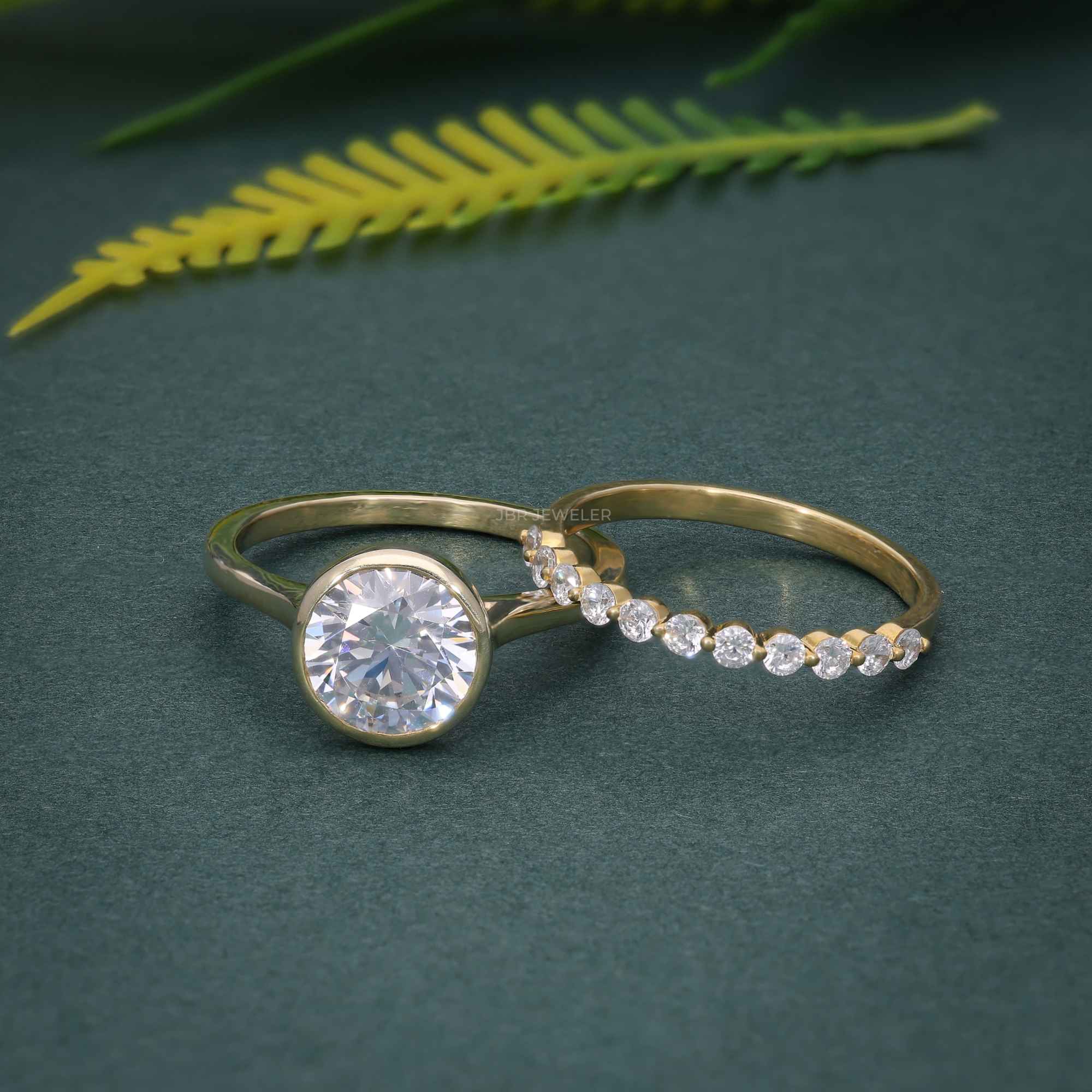 Bezel Round Cut Moissanite Diamond Engagement Ring Sets With Stacking Band - JBR Jeweler