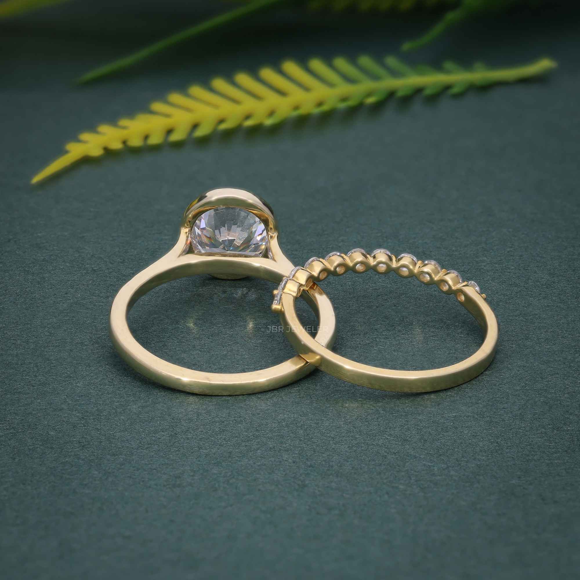 Bezel Round Cut Moissanite Diamond Engagement Ring Sets With Stacking Band - JBR Jeweler