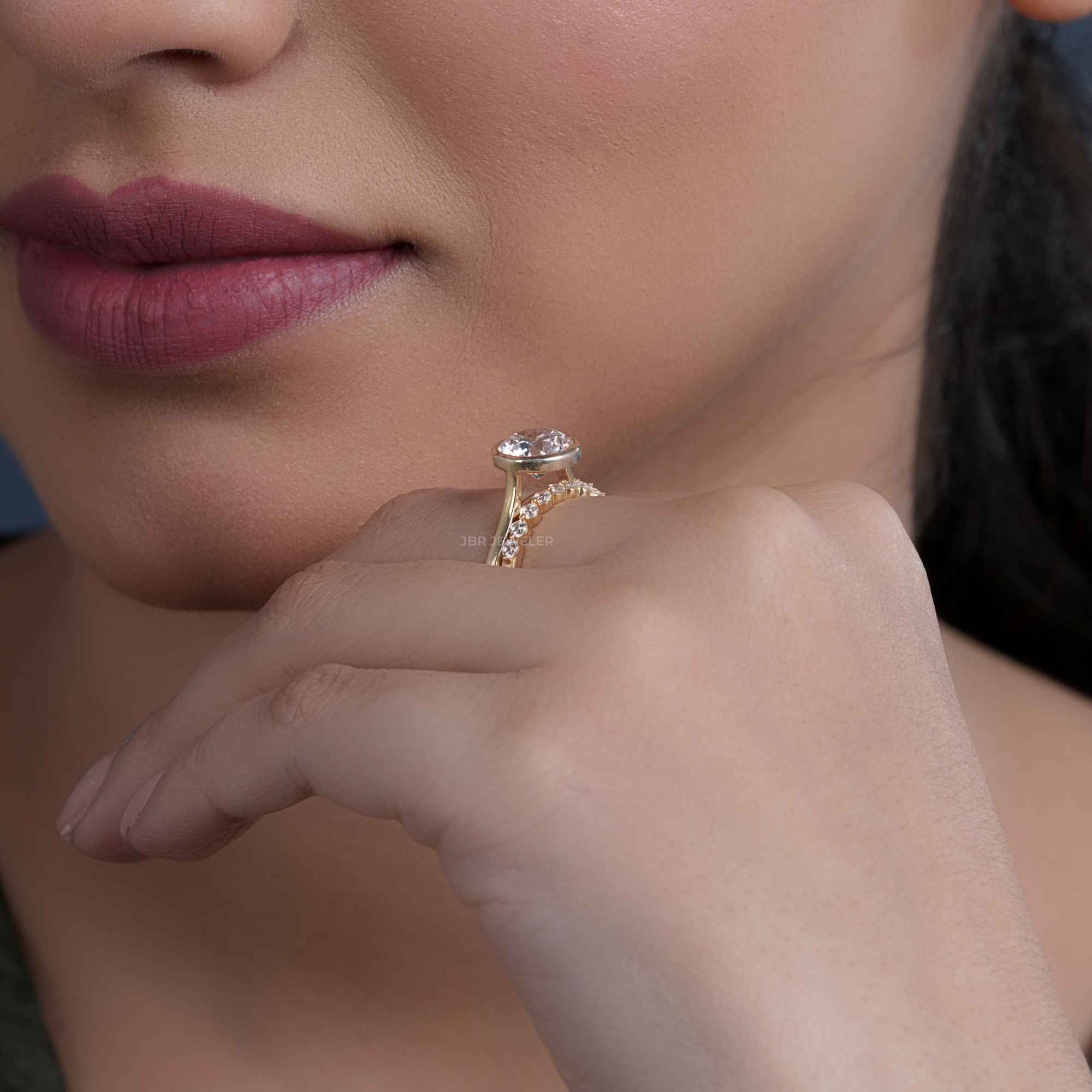 Bezel Round Cut Moissanite Diamond Engagement Ring Sets With Stacking Band - JBR Jeweler