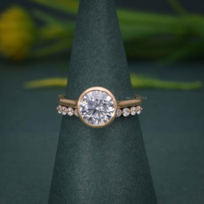 Bezel Round Cut Moissanite Diamond Engagement Ring Sets With Stacking Band