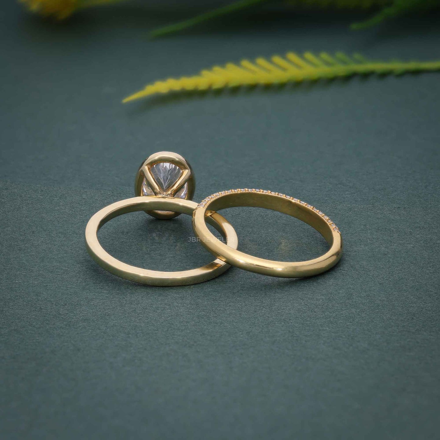 Bezel Set Oval Cut Lab Grown Diamond Wedding Ring With Matching Band