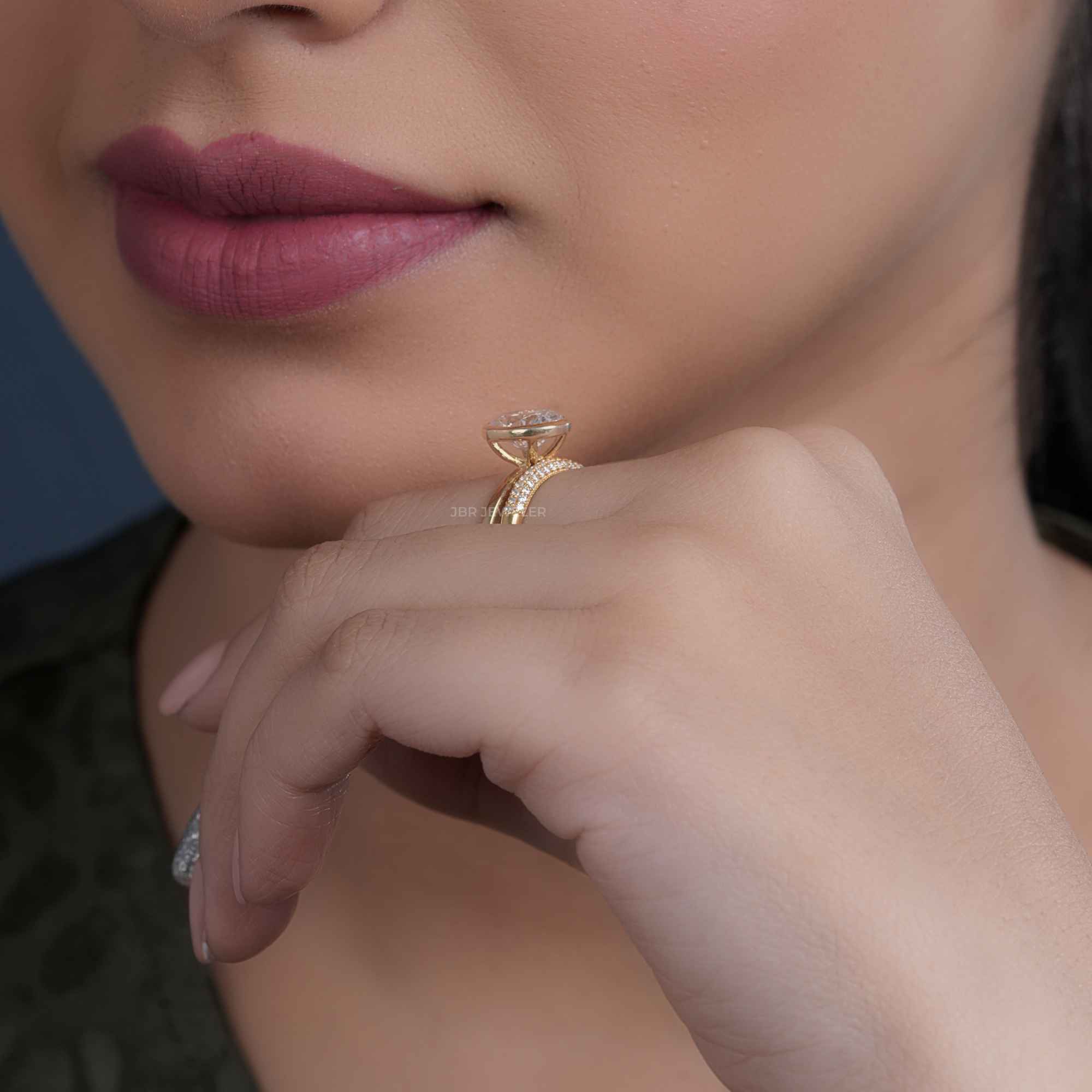 Bezel Set Oval Cut Lab Grown Diamond Wedding Ring With Matching Band - JBR Jeweler