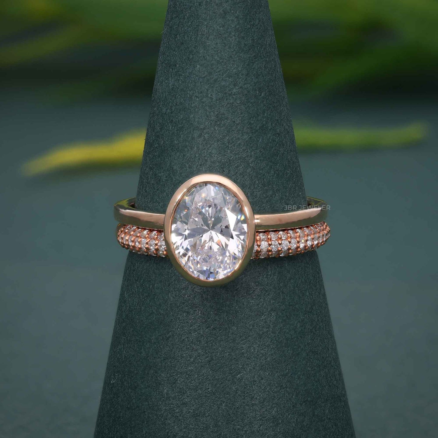 Bezel Set Oval Cut Moissanite Diamond Wedding Ring With Matching Band