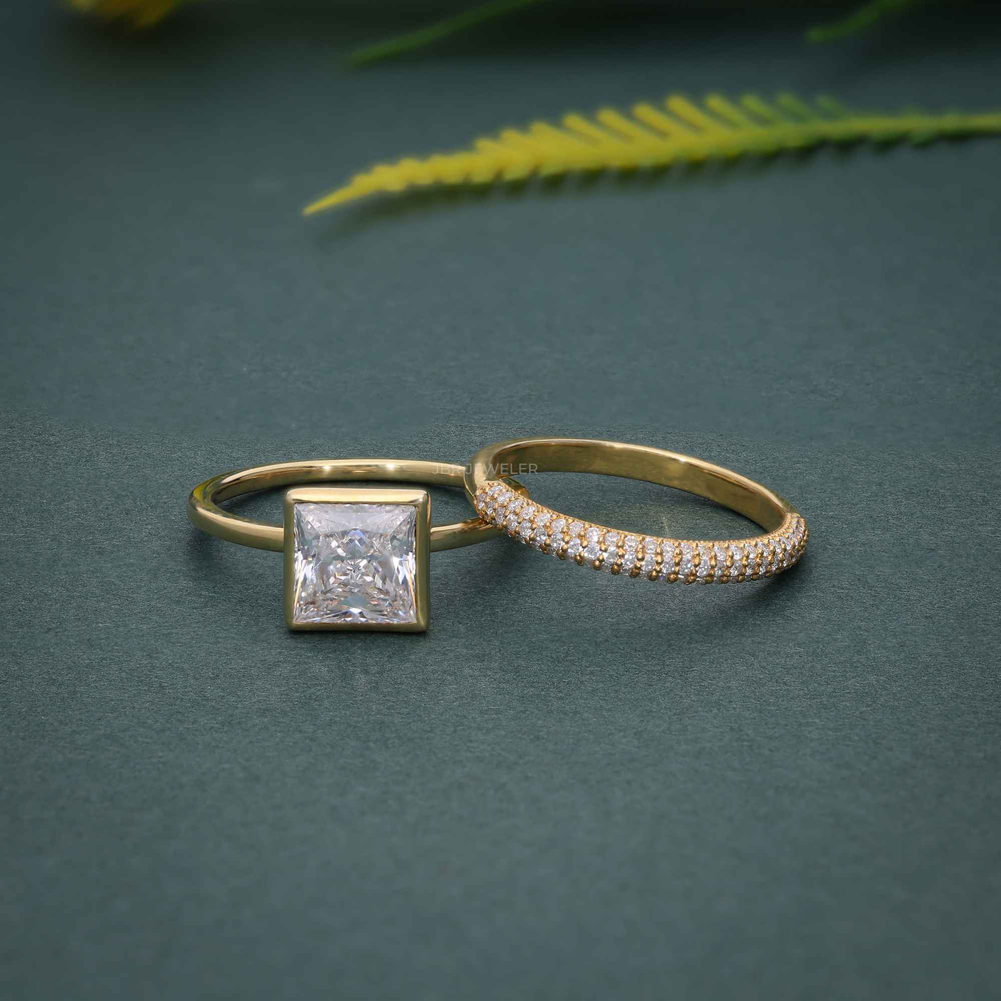 Bezel Set Princess Cut Moissanite Diamond Bridal Set Ring With Matching Band