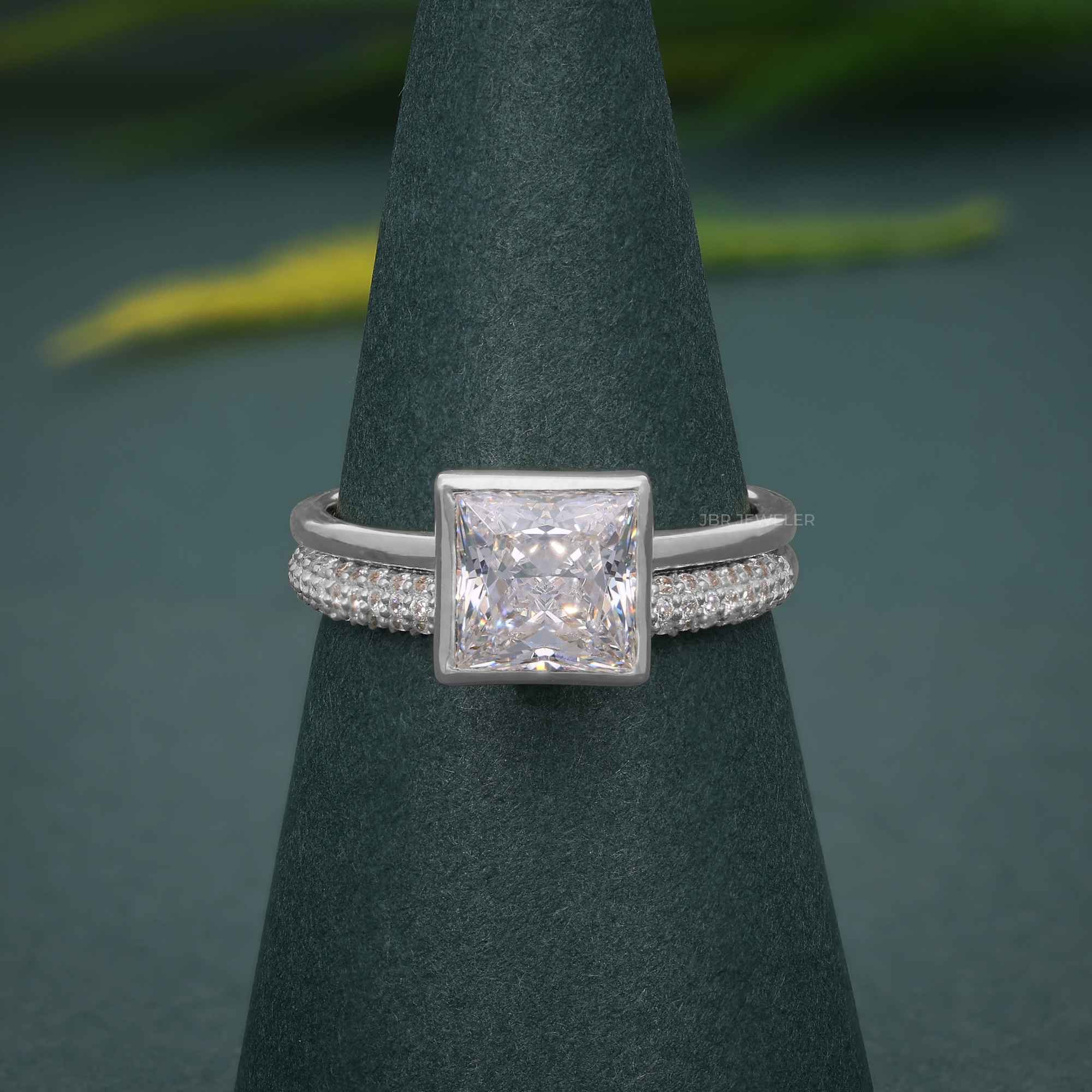Bezel Set Princess Cut Lab Grown Diamond Bridal Set Ring With Matching Band - JBR Jeweler