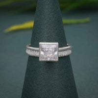 Bezel Set Princess Cut Moissanite Diamond Bridal Set Ring With Matching Band