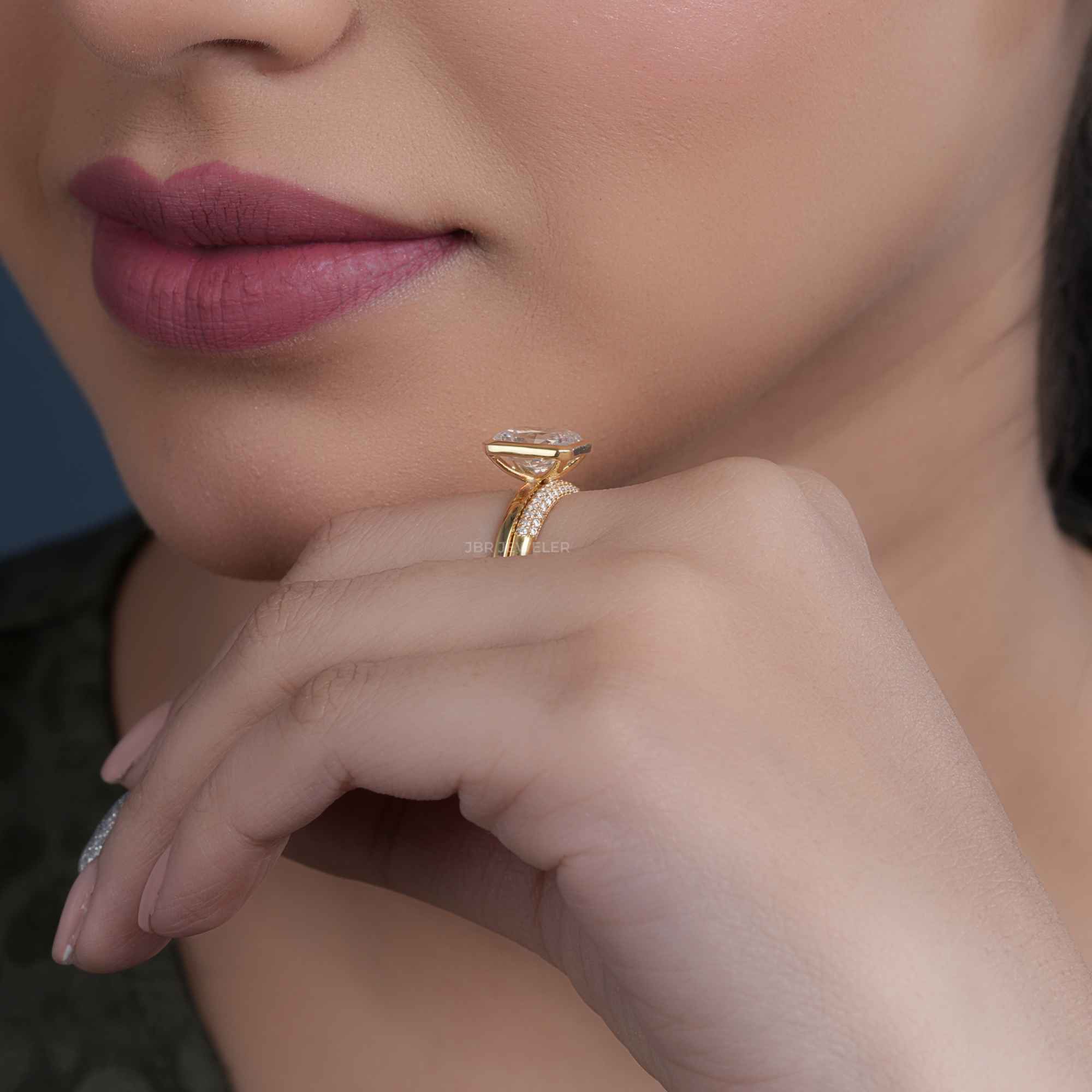 Bezel Set Radiant Cut Lab Grown Diamond Bridal Set Ring With Wedding Band - JBR Jeweler