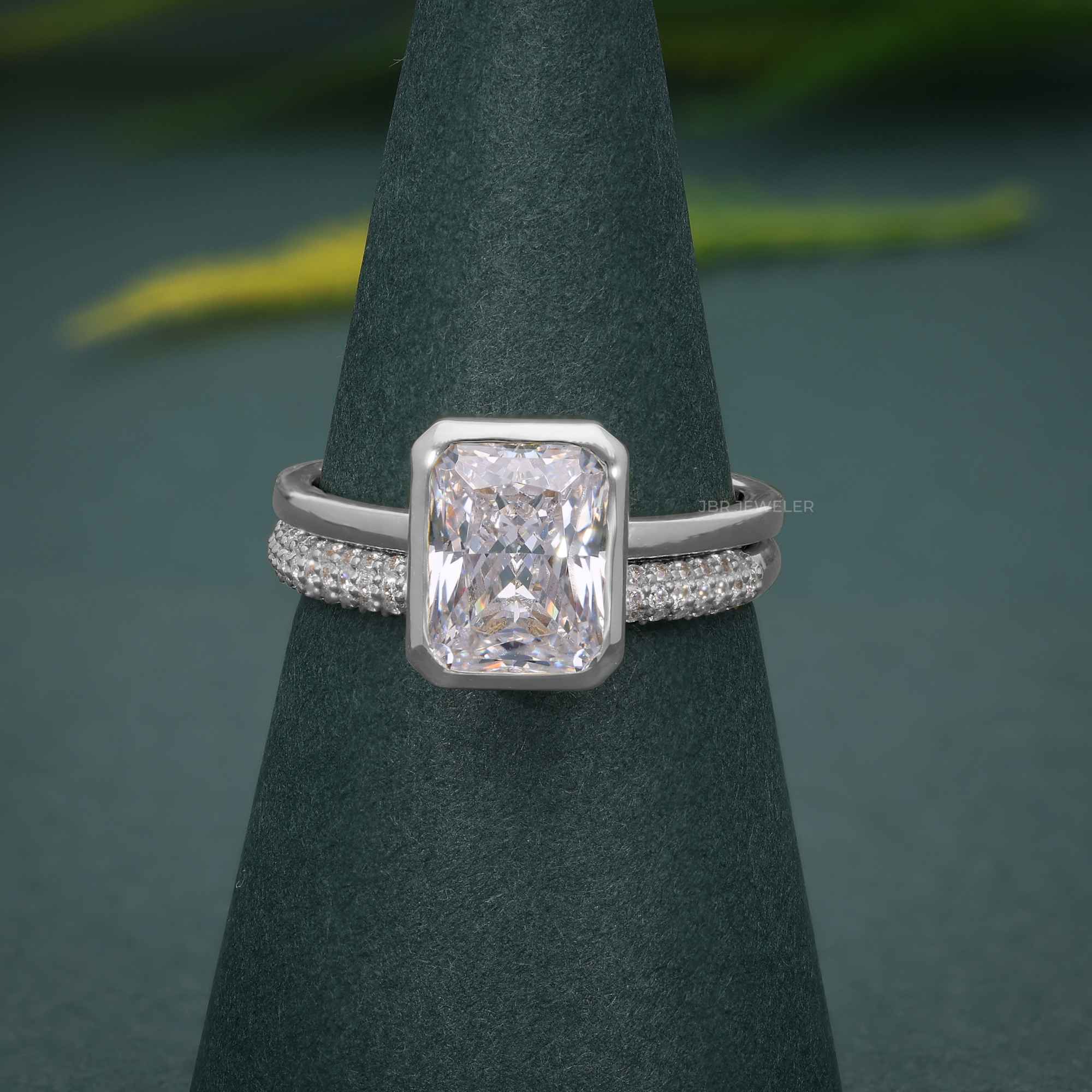 Bezel Set Radiant Cut Lab Grown Diamond Bridal Set Ring With Wedding Band - JBR Jeweler