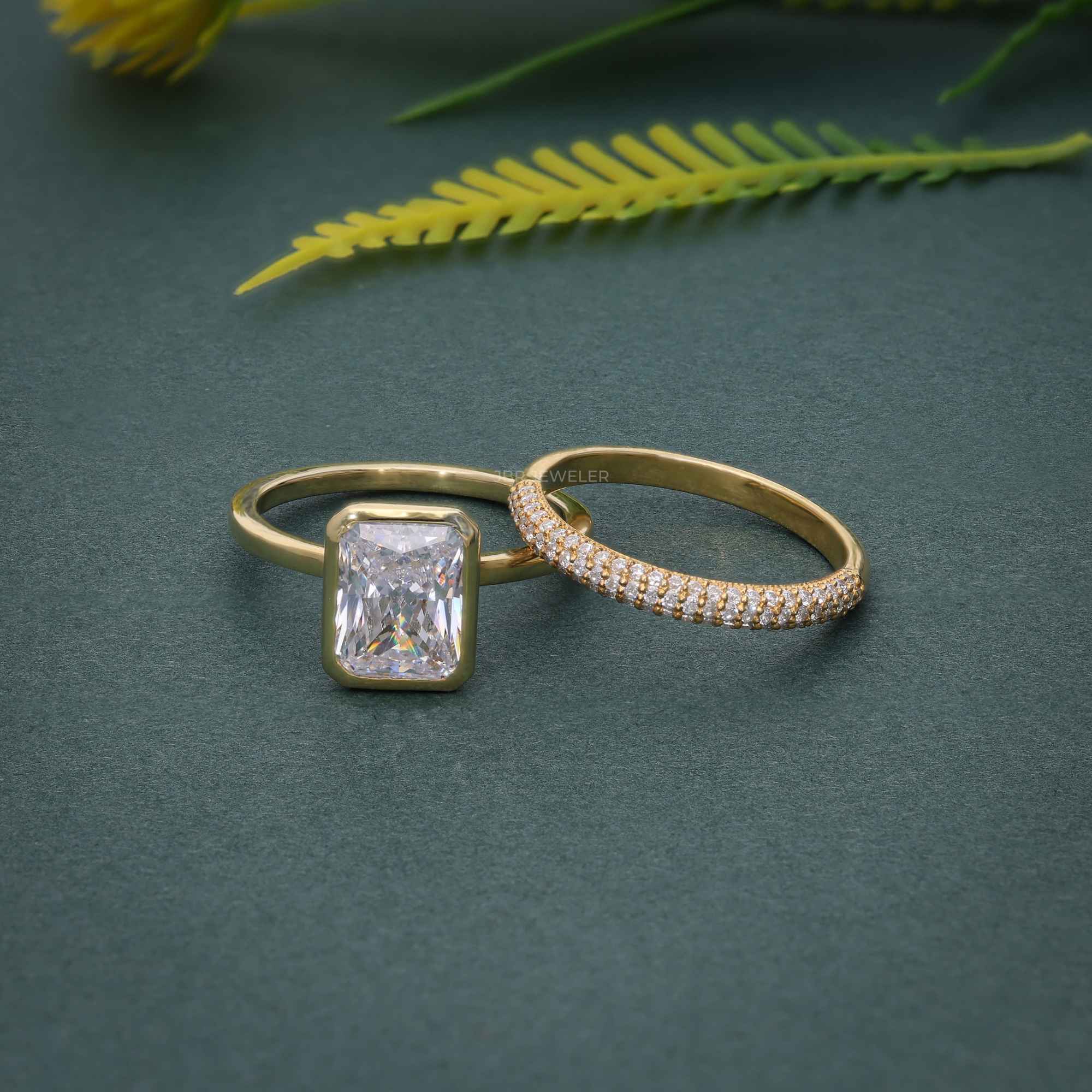 Bezel Set Radiant Cut Moissanite Diamond Bridal Set Ring With Wedding Band
