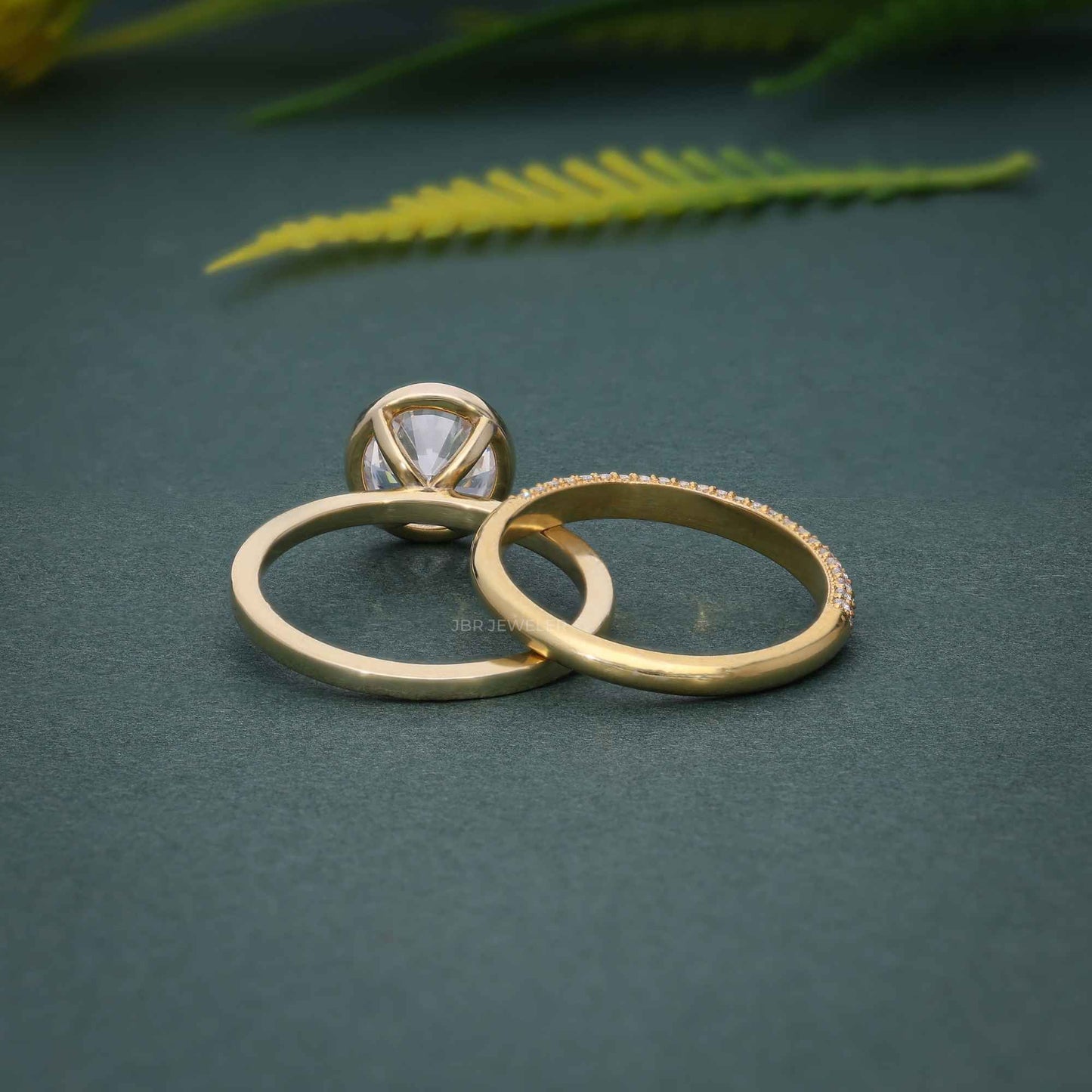 Bezel Set Round Cut Moissanite Diamond Solitaire Ring Bridal Set