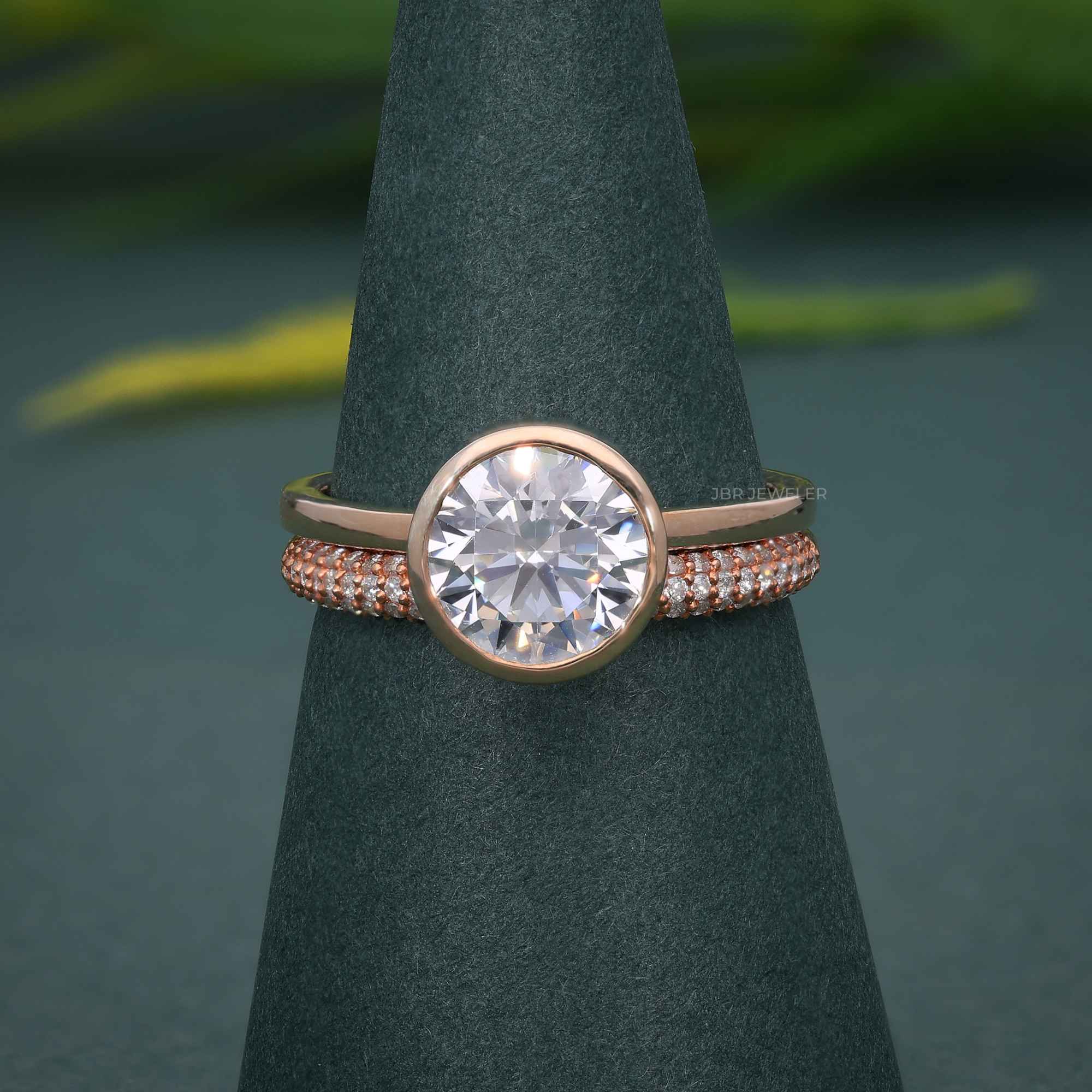 Bezel Set Round Cut Moissanite Diamond Solitaire Ring Bridal Set - JBR Jeweler
