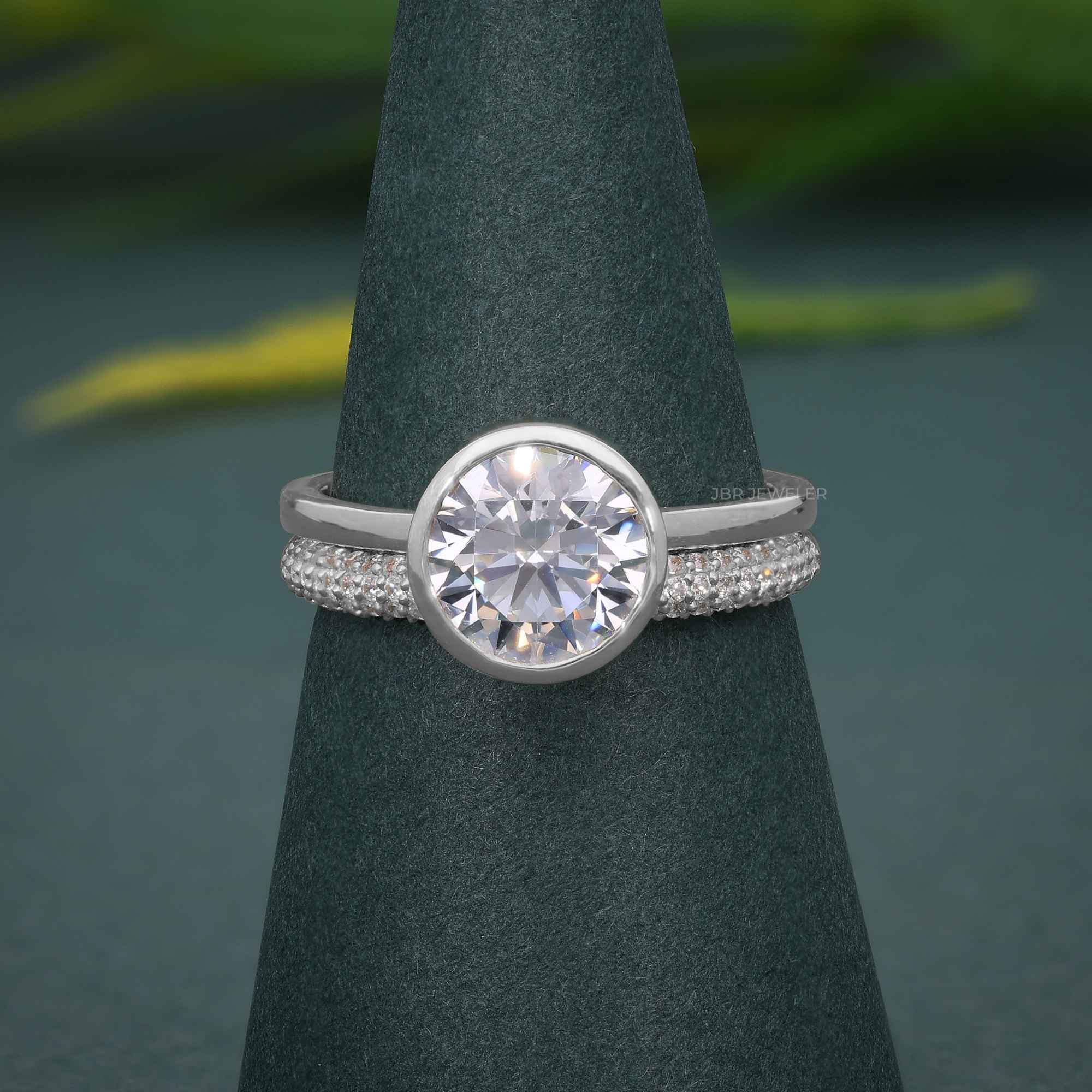 Bezel Set Round Cut Moissanite Diamond Solitaire Ring Bridal Set - JBR Jeweler