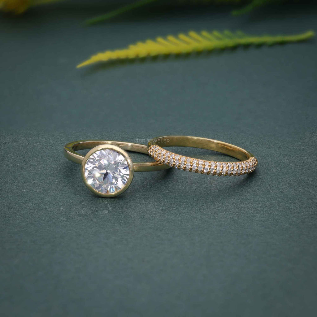 Bezel Set Round Cut Moissanite Diamond Solitaire Ring Bridal Set - JBR Jeweler