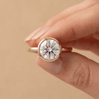 Bezel set round moissanite ring on hand