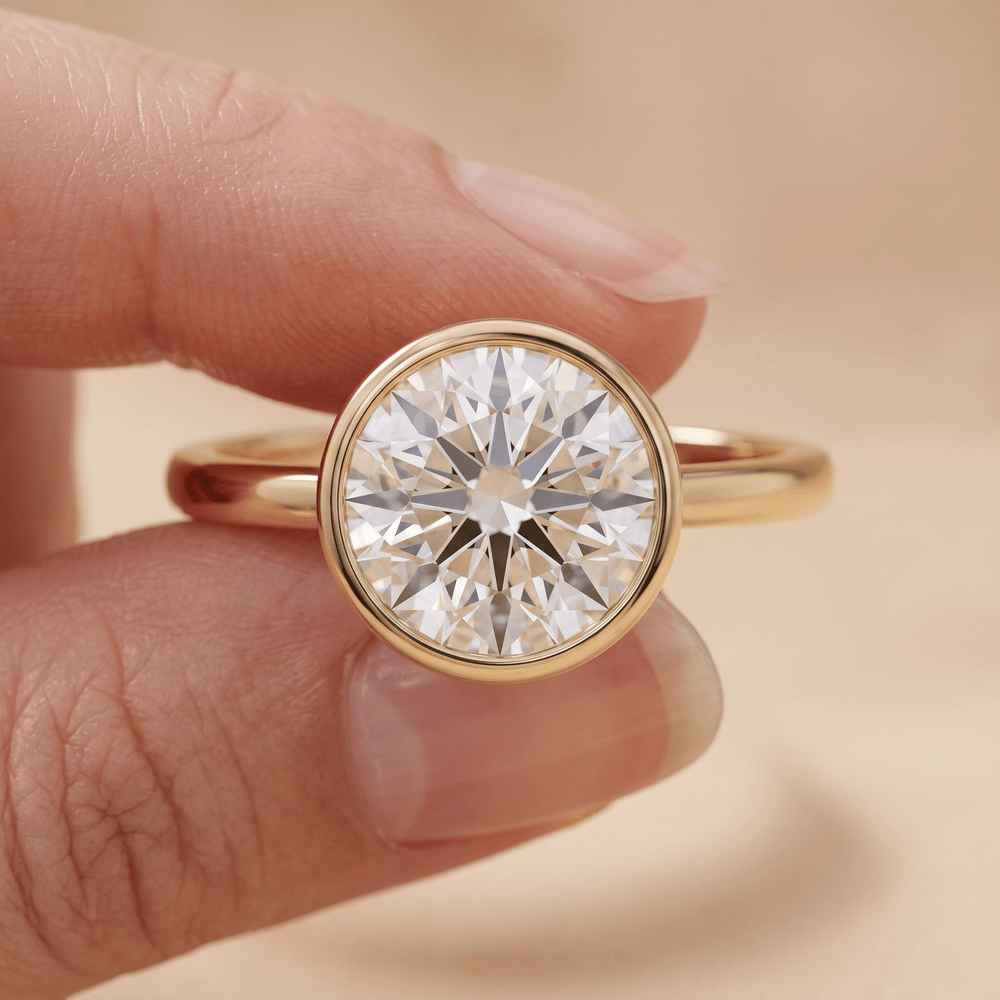 Bezel set round moissanite ring on hand
