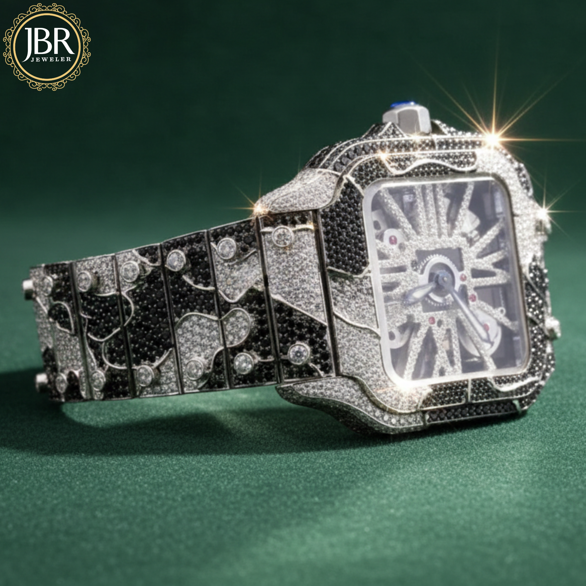 Bicolor zebra print black and white bust down watch fully iced with moissanite stones, featuring bold striped detailing across the dial and band for a striking, high-shine statement look.