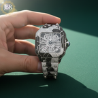 Bicolor zebra print black and white bust down watch fully iced with moissanite stones, featuring bold striped detailing across the dial and band for a striking, high-shine statement look.
