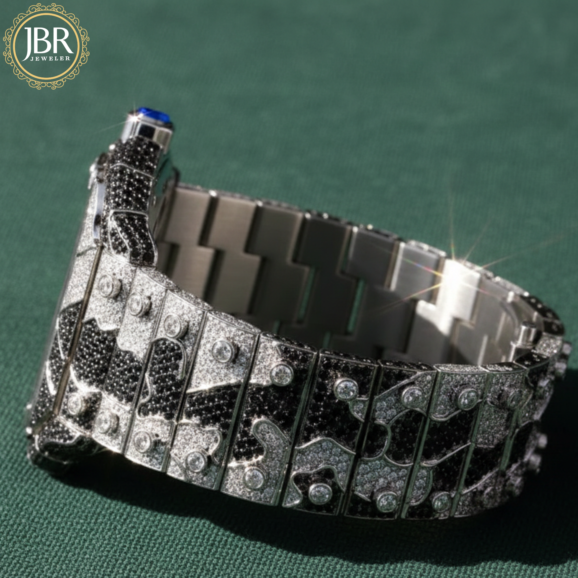 Bicolor zebra print black and white bust down watch fully iced with moissanite stones, featuring bold striped detailing across the dial and band for a striking, high-shine statement look.