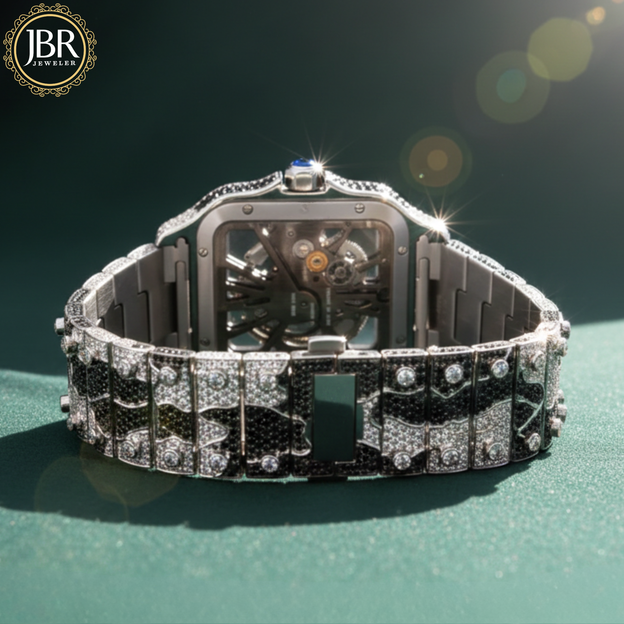 Bicolor zebra print black and white bust down watch fully iced with moissanite stones, featuring bold striped detailing across the dial and band for a striking, high-shine statement look.
