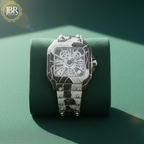 Bicolor zebra print black and white bust down watch fully iced with moissanite stones, featuring bold striped detailing across the dial and band for a striking, high-shine statement look.