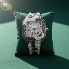 Bicolor zebra print black and white bust down watch fully iced with moissanite stones, featuring bold striped detailing across the dial and band for a striking, high-shine statement look.