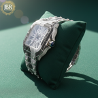 Bicolor zebra print black and white bust down watch fully iced with moissanite stones, featuring bold striped detailing across the dial and band for a striking, high-shine statement look.