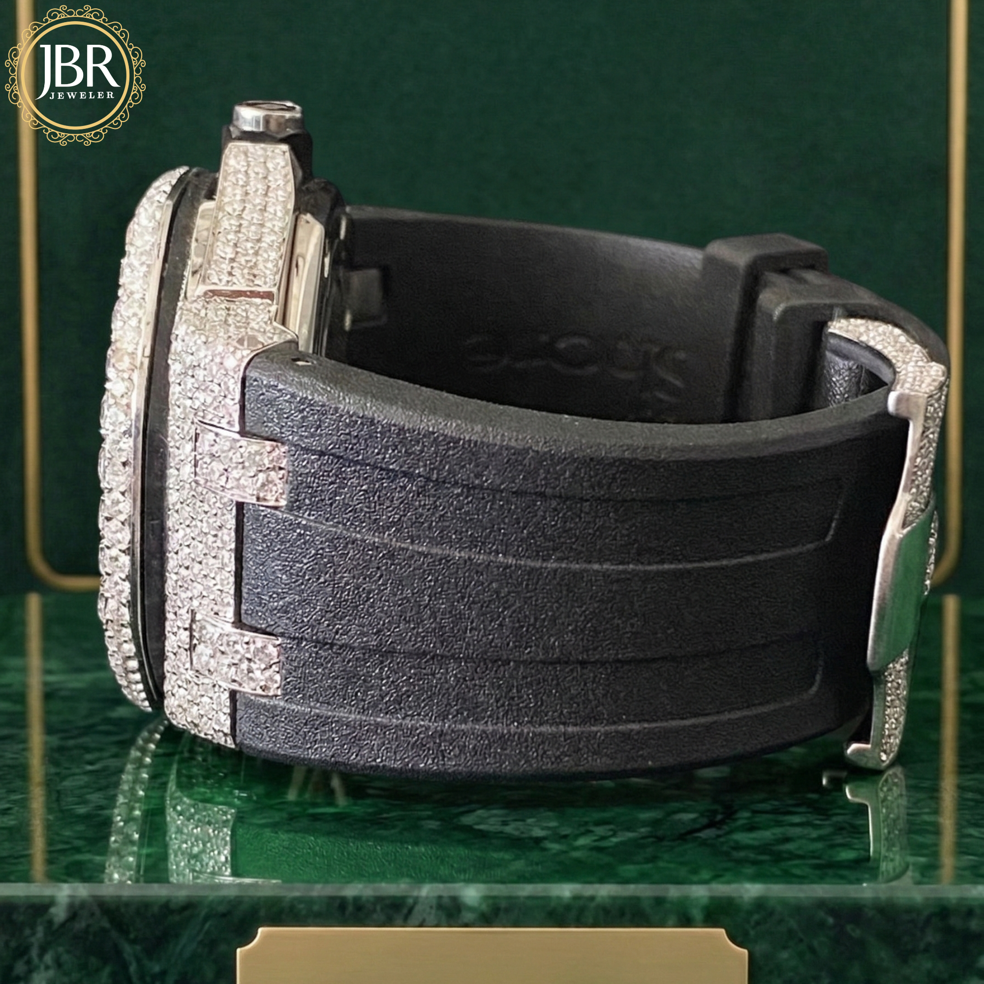 Men’s statement moissanite watch with big round bezel and white face dial