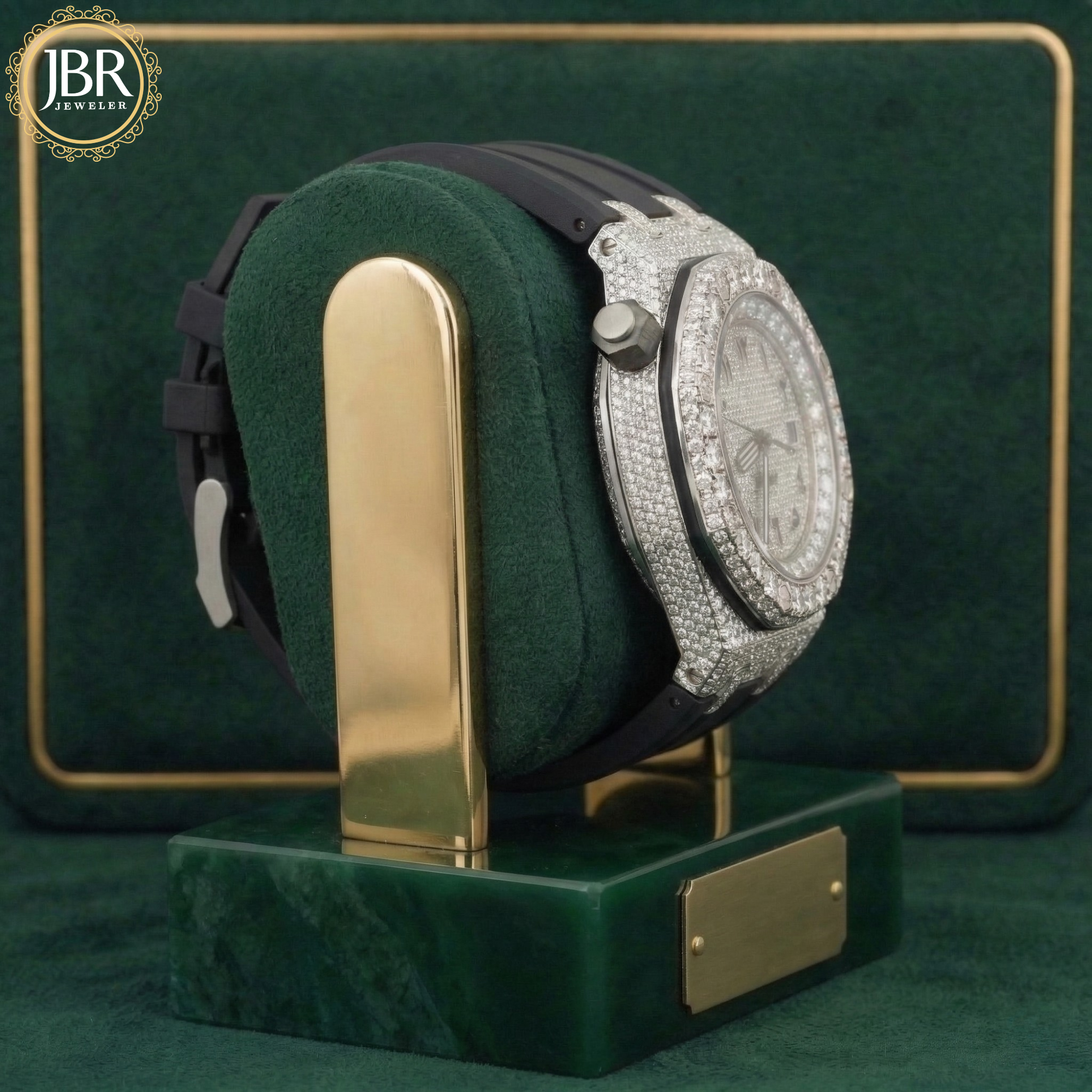 Fully iced out moissanite watch featuring big round bezel and clean white dial