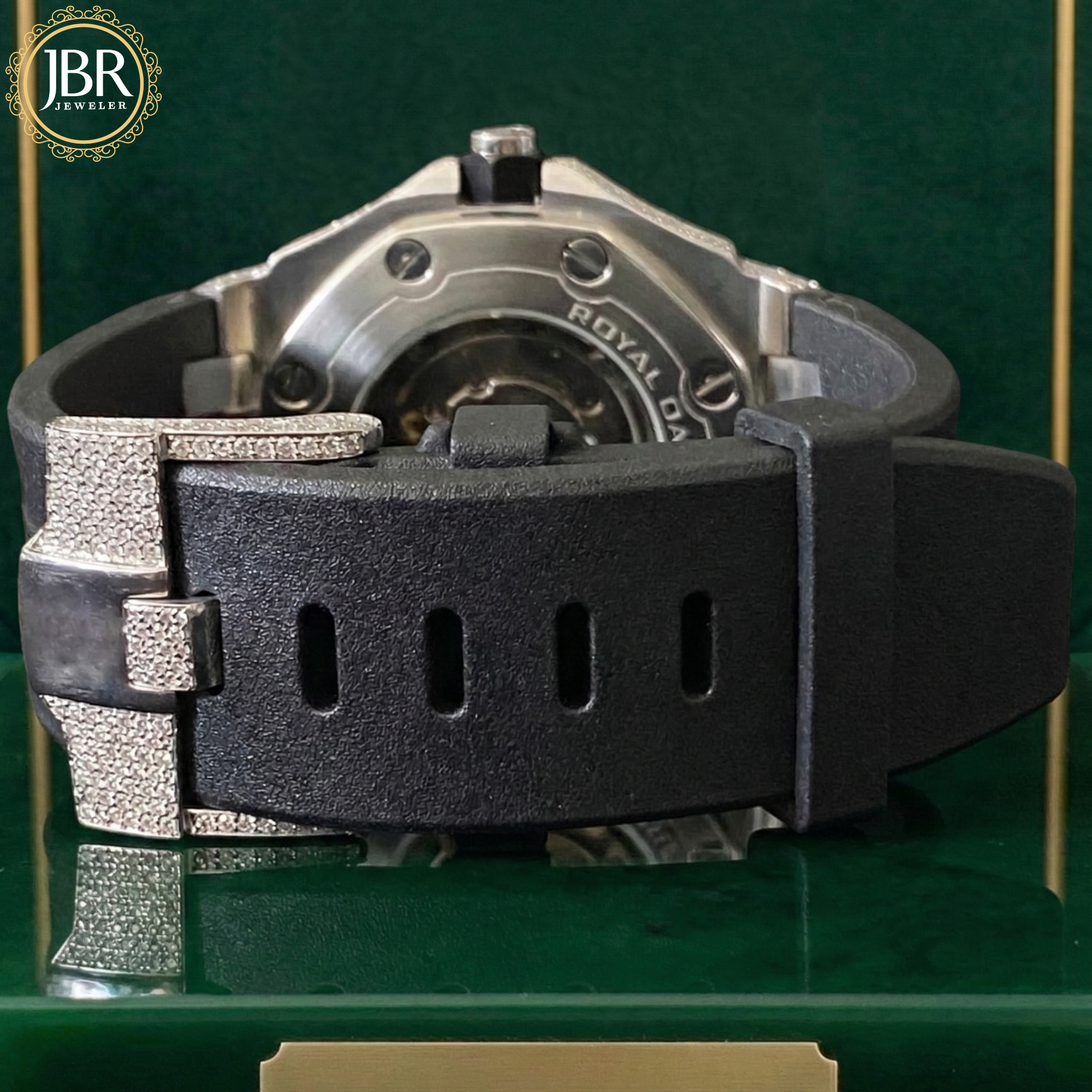 Men’s statement moissanite watch with big round bezel and white face dial