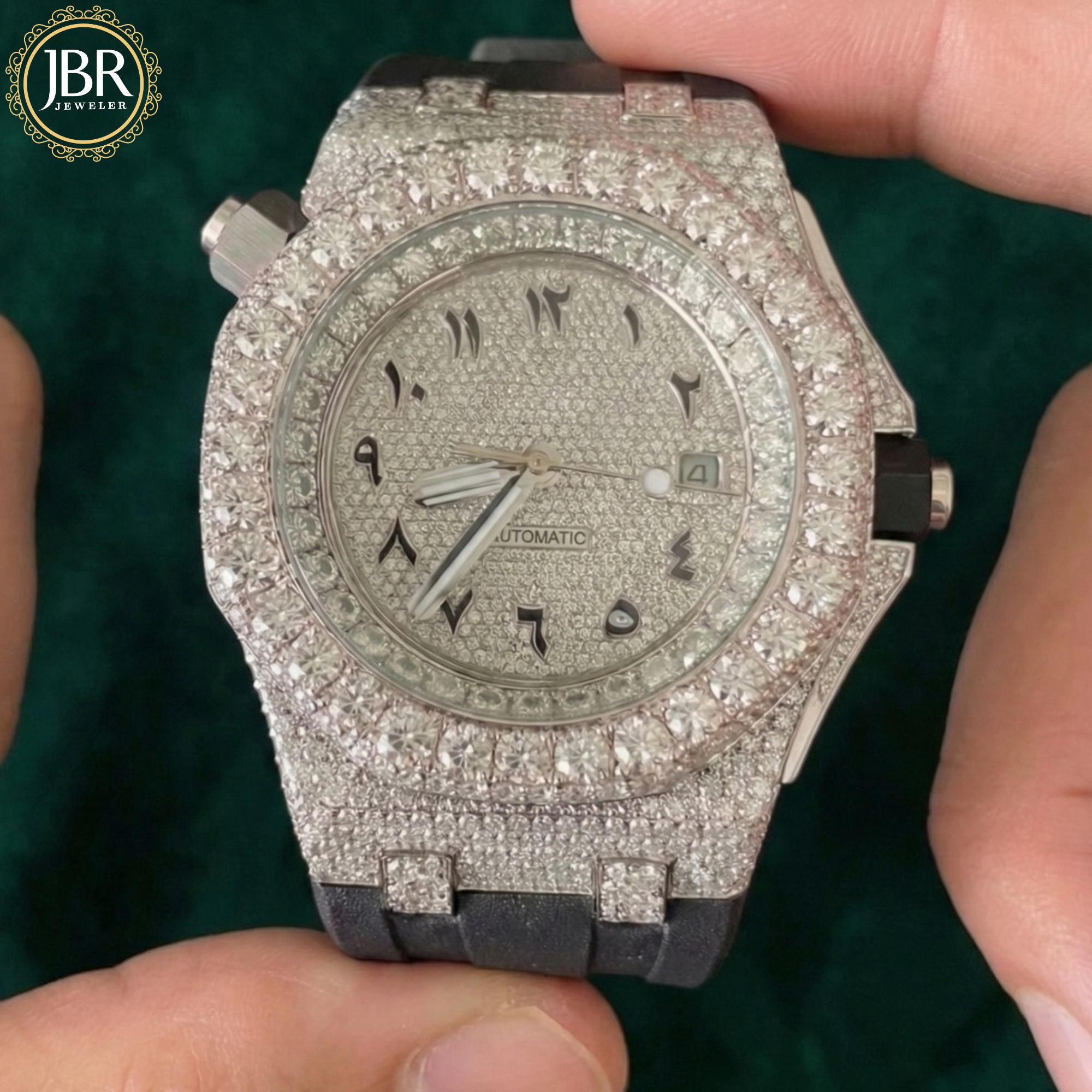 Hip hop style big round bezel iced out moissanite watch with white dial