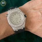 Men’s statement moissanite watch with big round bezel and white face dial Luxury diamond-encrusted watch on a wrist with JBR Jewels