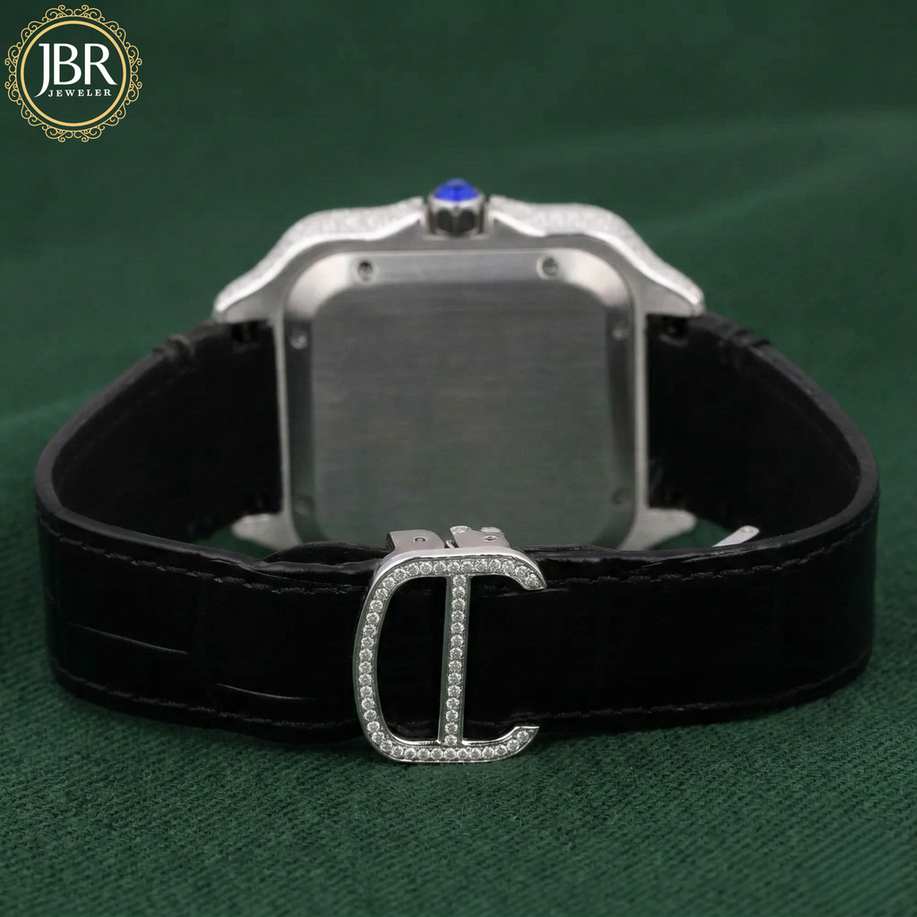 Black dial bezel moissanite diamond wrist watch with leather belt strap