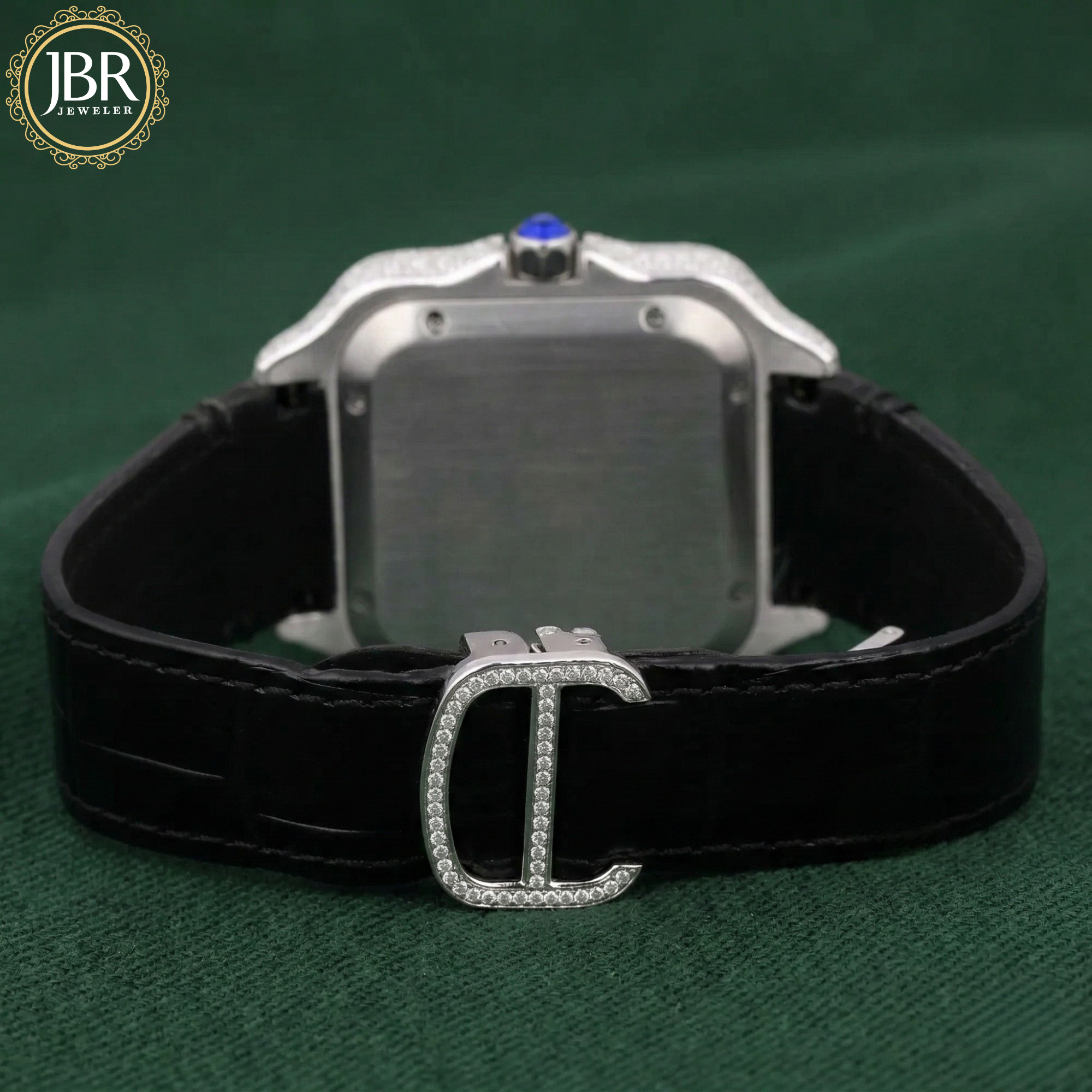 Black dial bezel moissanite diamond wrist watch with leather belt strap