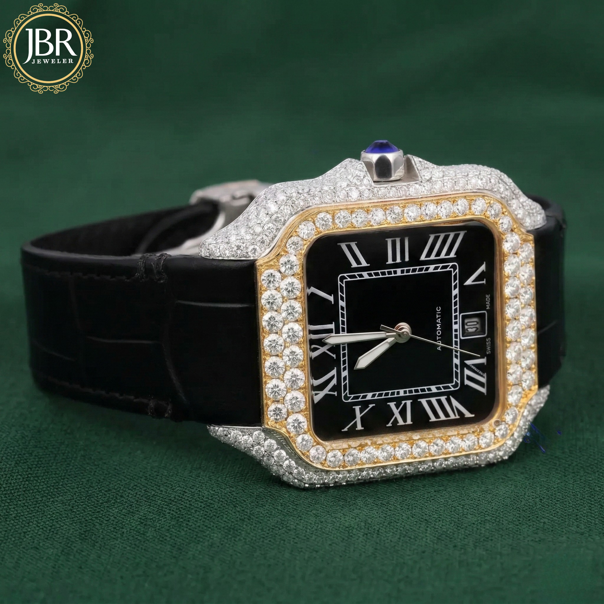 Black dial bezel moissanite diamond wrist watch with leather belt strap