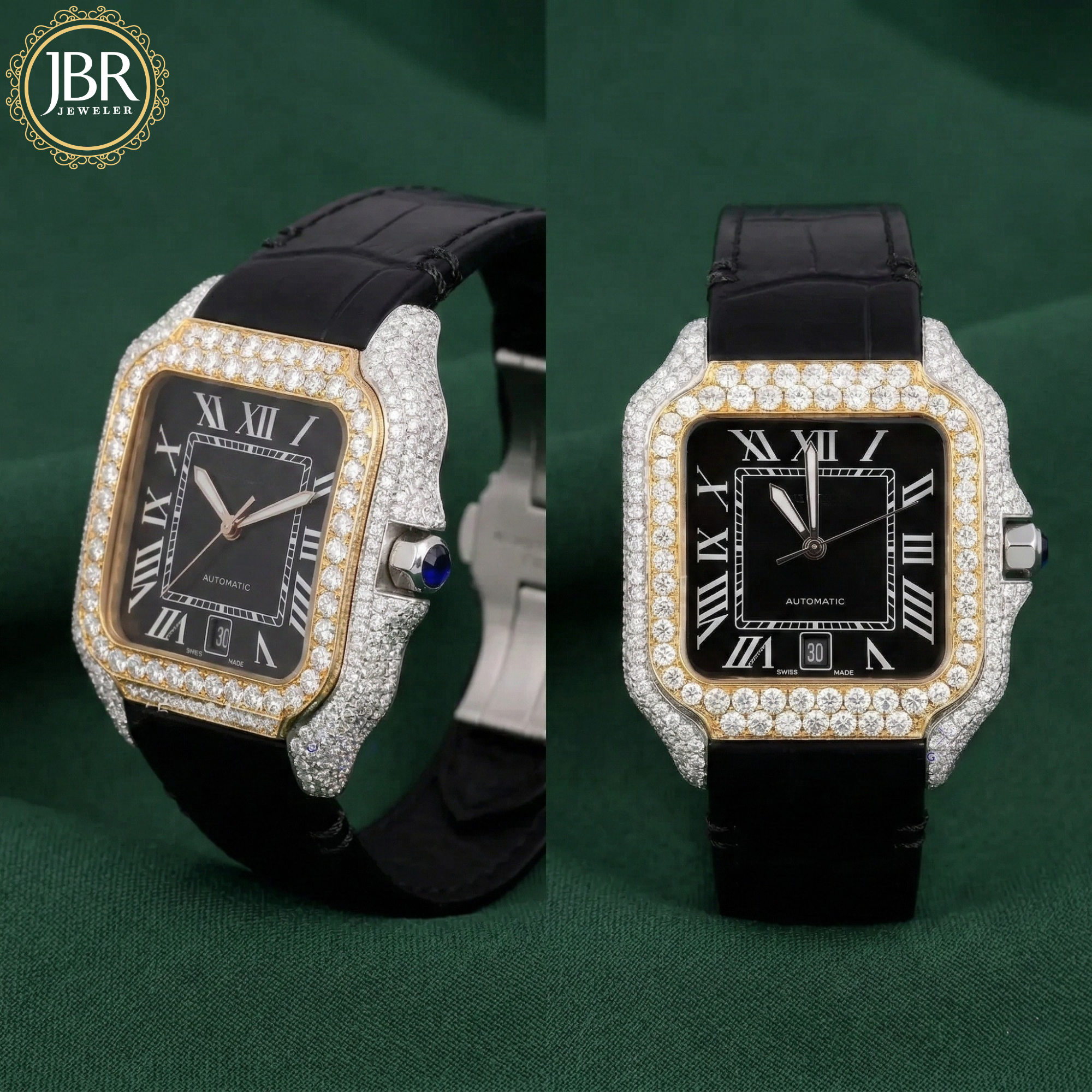 Black dial bezel moissanite diamond wrist watch with leather belt strap