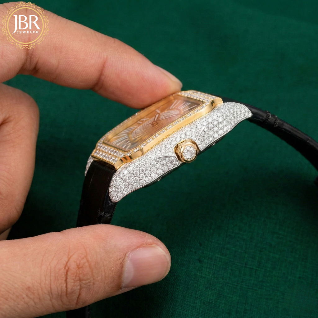 Black dial bezel moissanite diamond wrist watch with leather belt strap