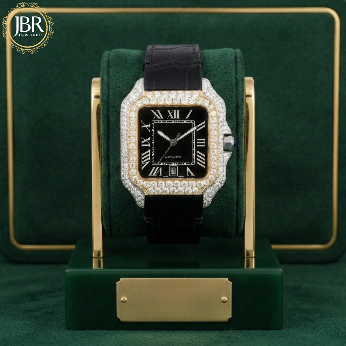 Black dial bezel moissanite diamond wrist watch with leather belt strap