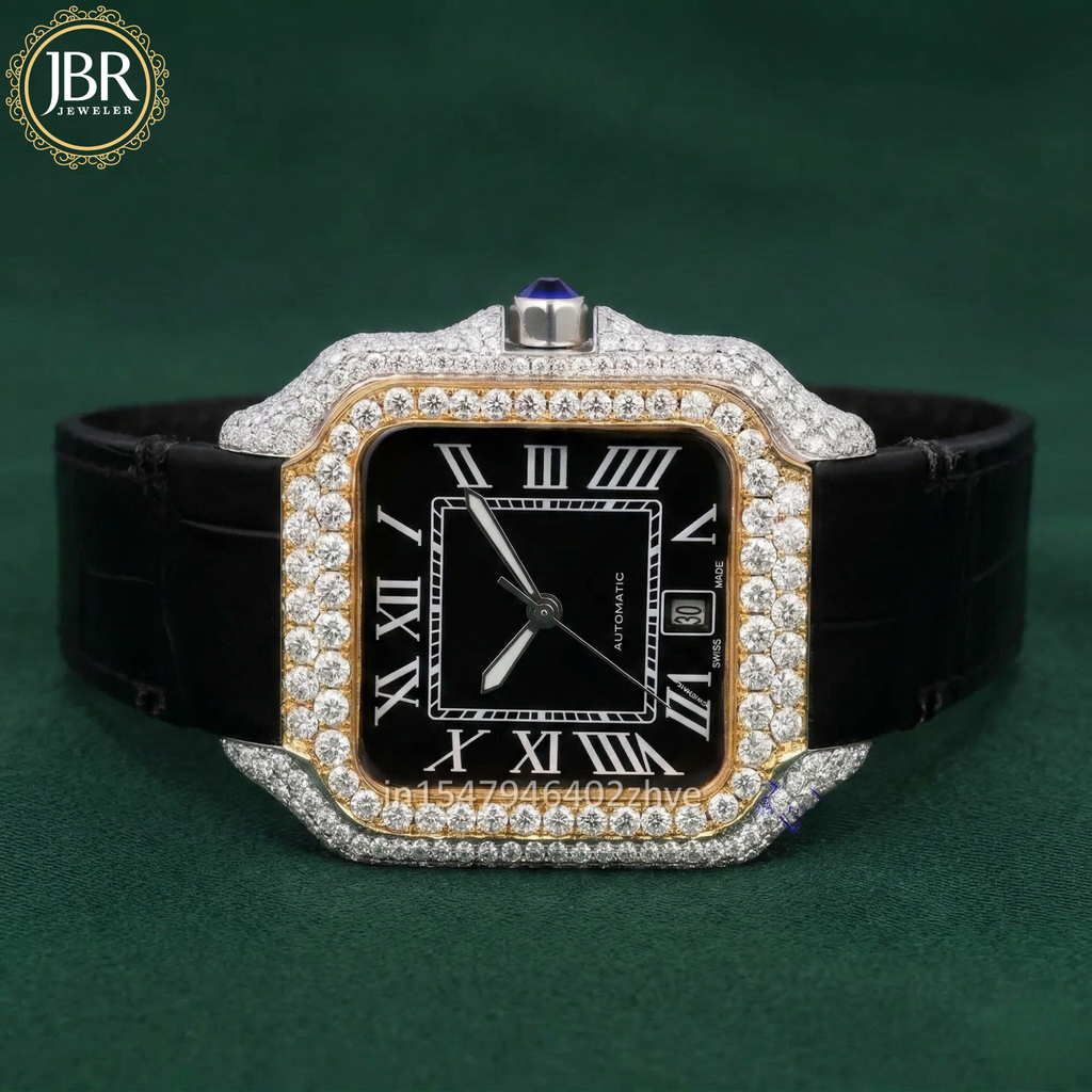 Black dial bezel moissanite diamond wrist watch with leather belt strap