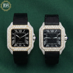 Black dial bezel moissanite diamond wrist watch with leather belt strap