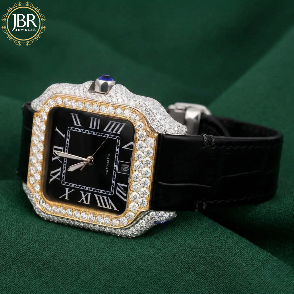 Black dial bezel moissanite diamond wrist watch with leather belt strap