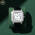 Black Leather Belt Bezel White Dial VVS Iced Out Watch