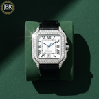 Black Leather Belt Bezel White Dial VVS Iced Out Watch