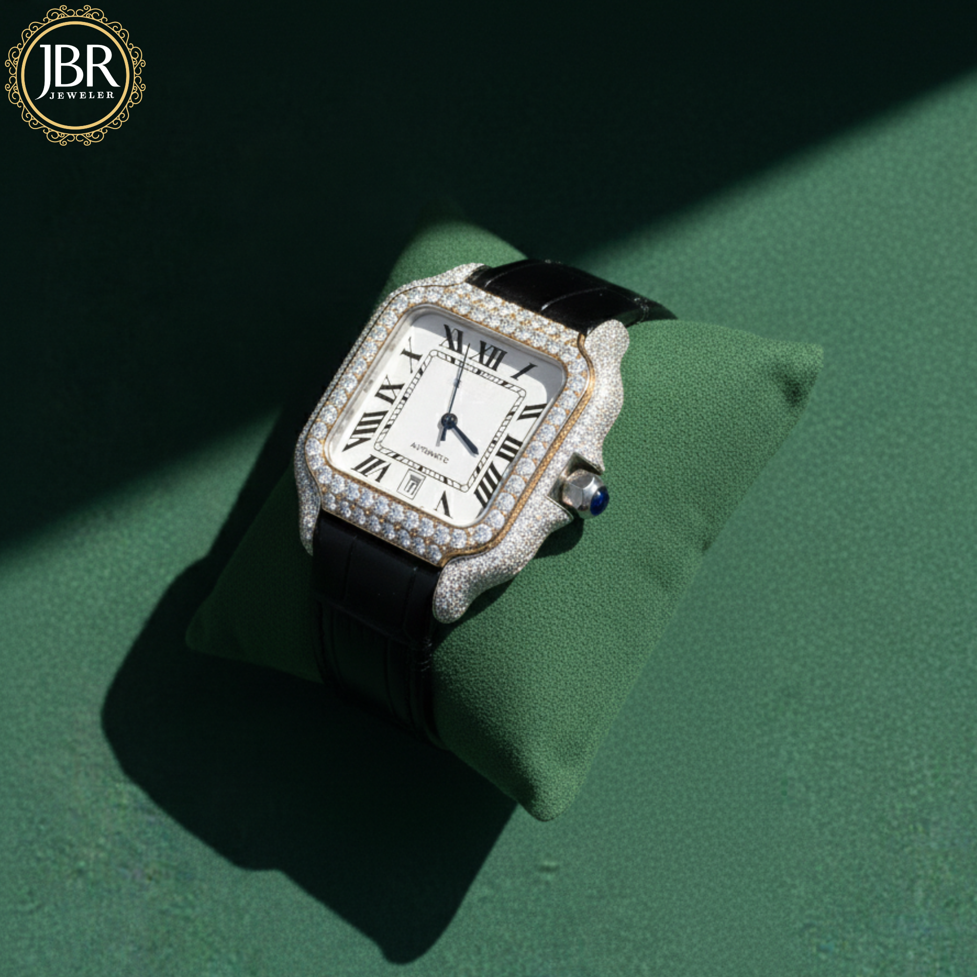 Black Leather Belt Bezel White Dial VVS Iced Out Watch