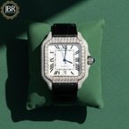 Black Leather Belt Bezel White Dial VVS Iced Out Watch