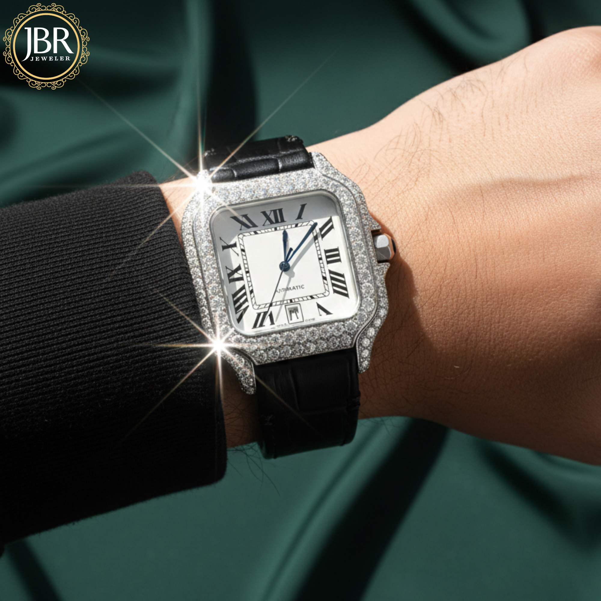 Luxury watch with diamond bezel on a wrist, brand 'JBR' visible