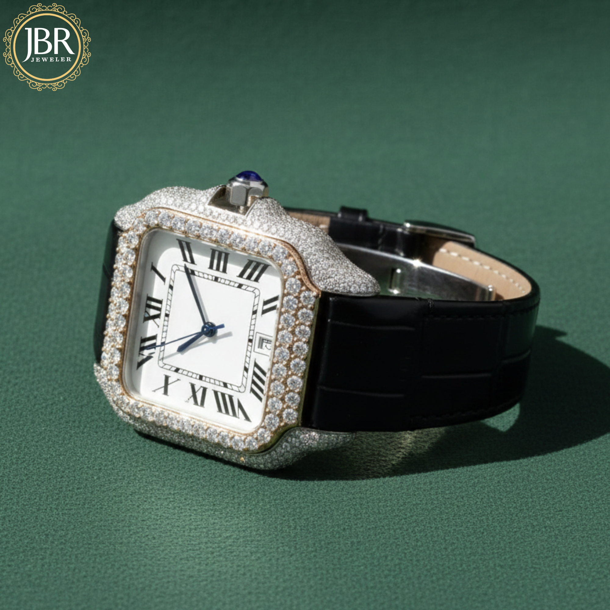 Black Leather Belt Bezel White Dial VVS Iced Out Watch