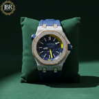Blue dial VVS moissanite bezel diamond stainless steel watch with polished silver strap and luxury iced-out design for men.
