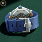 Blue dial VVS moissanite bezel diamond stainless steel watch with polished silver strap and luxury iced-out design for men.